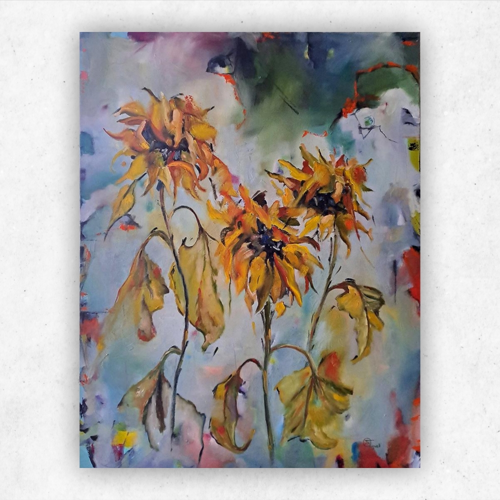 SOLD Julie Tugwell Art <br> Rage Rage Against the Dying Sunflower <br> Oil on Stretched Canvas <br> 760 mm 1010 mm - Image 3