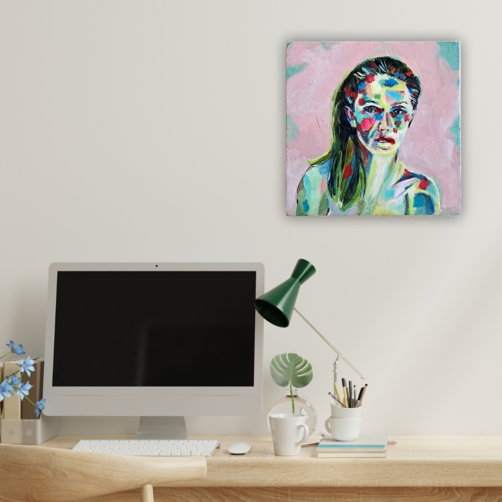 Julie Tugwell Art <br> Self Portrait <br>Acrylic on Board<br> 100 mm x 100 mm