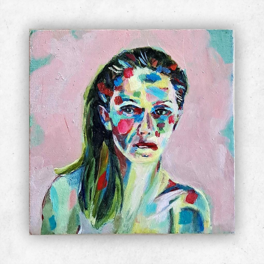 Julie Tugwell Art <br> Self Portrait <br>Acrylic on Board<br> 100 mm x 100 mm - Image 3